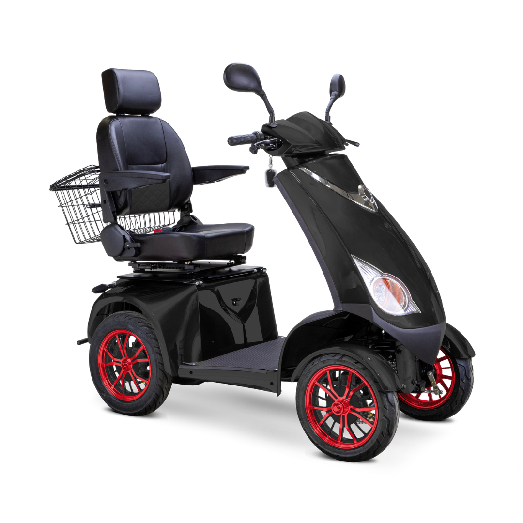 The Bespoke Platinum Recreational 4-Wheel Scooter with Electric Brake Assist features a black frame, red-rimmed wheels, padded seat with armrests and headrest, handlebars, rear metal basket, and high-performance motor for smooth rides.